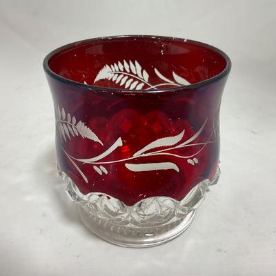 -110- Ruby Red & Clear Glass | Etched | Covered Butter Dish | Lidded Sugar & Creamer