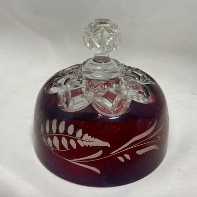 -110- Ruby Red & Clear Glass | Etched | Covered Butter Dish | Lidded Sugar & Creamer