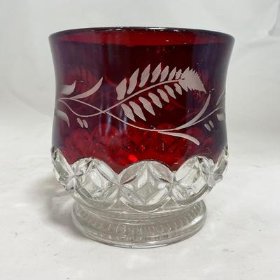 -110- Ruby Red & Clear Glass | Etched | Covered Butter Dish | Lidded Sugar & Creamer