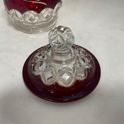 -110- Ruby Red & Clear Glass | Etched | Covered Butter Dish | Lidded Sugar & Creamer