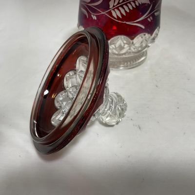 -110- Ruby Red & Clear Glass | Etched | Covered Butter Dish | Lidded Sugar & Creamer