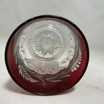 -110- Ruby Red & Clear Glass | Etched | Covered Butter Dish | Lidded Sugar & Creamer