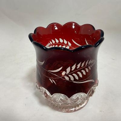 -110- Ruby Red & Clear Glass | Etched | Covered Butter Dish | Lidded Sugar & Creamer