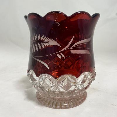 -110- Ruby Red & Clear Glass | Etched | Covered Butter Dish | Lidded Sugar & Creamer