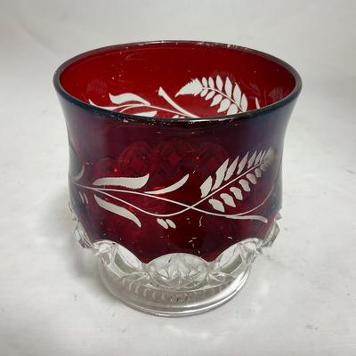 -110- Ruby Red & Clear Glass | Etched | Covered Butter Dish | Lidded Sugar & Creamer