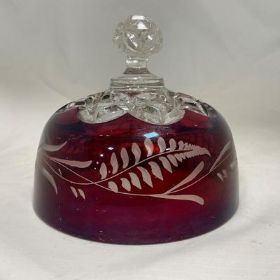-110- Ruby Red & Clear Glass | Etched | Covered Butter Dish | Lidded Sugar & Creamer