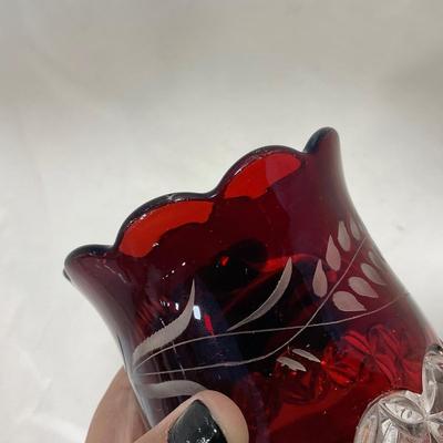 -110- Ruby Red & Clear Glass | Etched | Covered Butter Dish | Lidded Sugar & Creamer