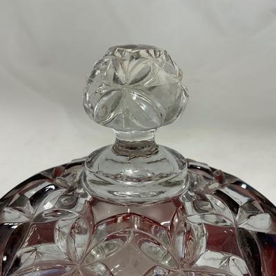 -110- Ruby Red & Clear Glass | Etched | Covered Butter Dish | Lidded Sugar & Creamer
