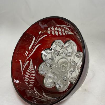 -110- Ruby Red & Clear Glass | Etched | Covered Butter Dish | Lidded Sugar & Creamer