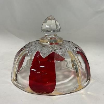 -111- Ruby Red Gold & Clear Glass | Covered Butter Dish | Lidded Jar | Jar
