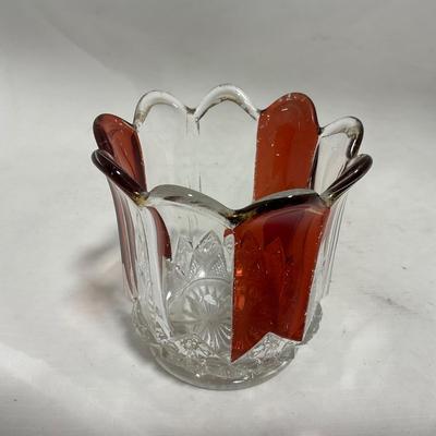 -111- Ruby Red Gold & Clear Glass | Covered Butter Dish | Lidded Jar | Jar