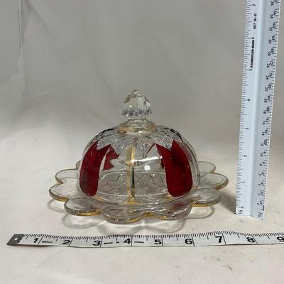 -111- Ruby Red Gold & Clear Glass | Covered Butter Dish | Lidded Jar | Jar