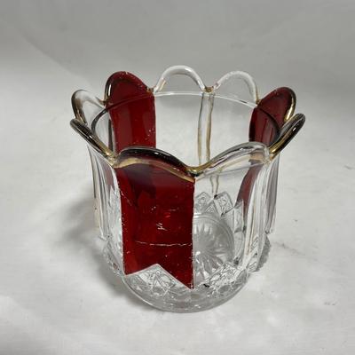-111- Ruby Red Gold & Clear Glass | Covered Butter Dish | Lidded Jar | Jar