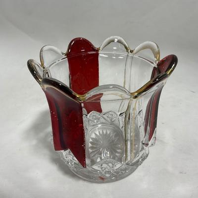 -111- Ruby Red Gold & Clear Glass | Covered Butter Dish | Lidded Jar | Jar