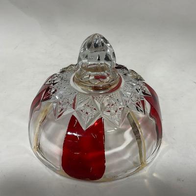 -111- Ruby Red Gold & Clear Glass | Covered Butter Dish | Lidded Jar | Jar