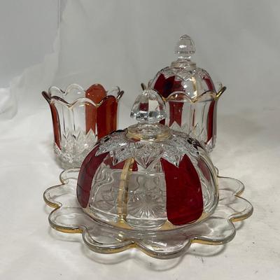 -111- Ruby Red Gold & Clear Glass | Covered Butter Dish | Lidded Jar | Jar