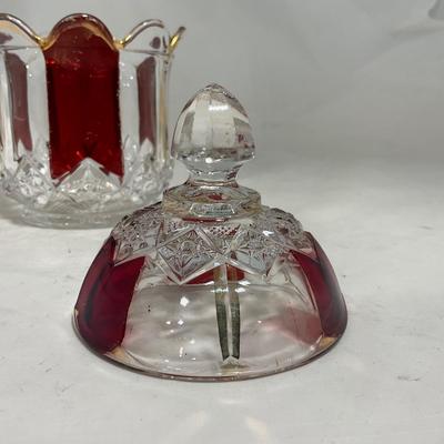 -111- Ruby Red Gold & Clear Glass | Covered Butter Dish | Lidded Jar | Jar