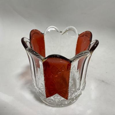 -111- Ruby Red Gold & Clear Glass | Covered Butter Dish | Lidded Jar | Jar