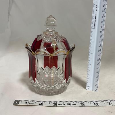 -111- Ruby Red Gold & Clear Glass | Covered Butter Dish | Lidded Jar | Jar