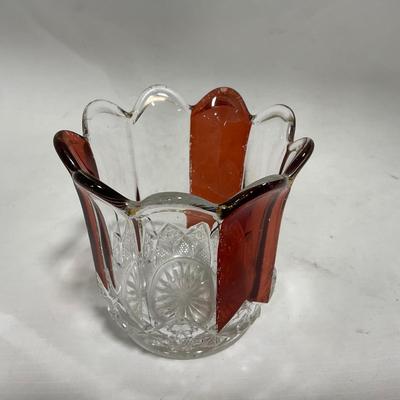 -111- Ruby Red Gold & Clear Glass | Covered Butter Dish | Lidded Jar | Jar
