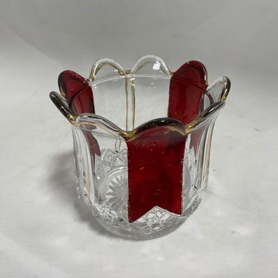 -111- Ruby Red Gold & Clear Glass | Covered Butter Dish | Lidded Jar | Jar