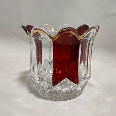 -111- Ruby Red Gold & Clear Glass | Covered Butter Dish | Lidded Jar | Jar