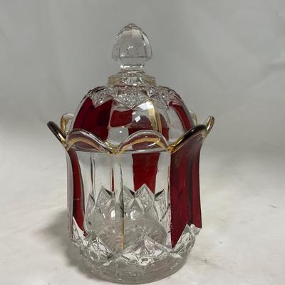 -111- Ruby Red Gold & Clear Glass | Covered Butter Dish | Lidded Jar | Jar