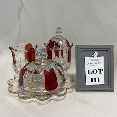 -111- Ruby Red Gold & Clear Glass | Covered Butter Dish | Lidded Jar | Jar