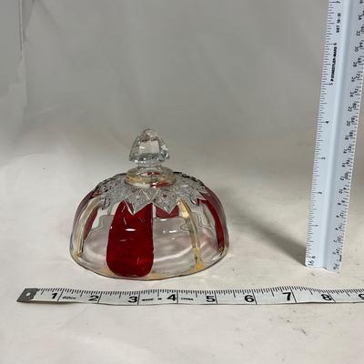 -111- Ruby Red Gold & Clear Glass | Covered Butter Dish | Lidded Jar | Jar