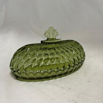 -115- Green Glass | Long | Covered Butter Dish