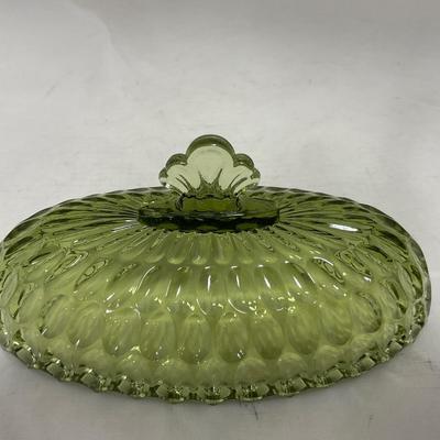 -115- Green Glass | Long | Covered Butter Dish