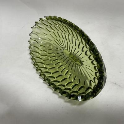 -115- Green Glass | Long | Covered Butter Dish