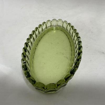 -115- Green Glass | Long | Covered Butter Dish