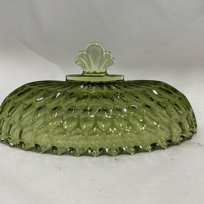 -115- Green Glass | Long | Covered Butter Dish