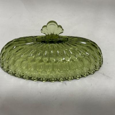 -115- Green Glass | Long | Covered Butter Dish