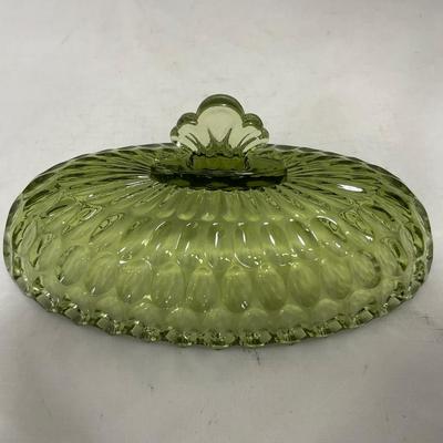 -115- Green Glass | Long | Covered Butter Dish
