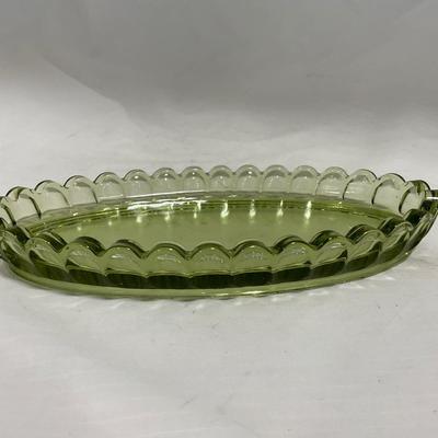 -115- Green Glass | Long | Covered Butter Dish