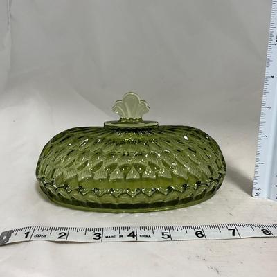 -115- Green Glass | Long | Covered Butter Dish