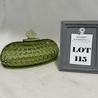 -115- Green Glass | Long | Covered Butter Dish