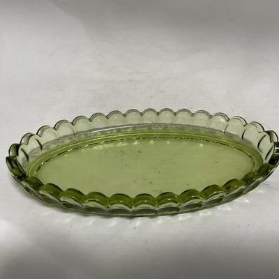 -115- Green Glass | Long | Covered Butter Dish