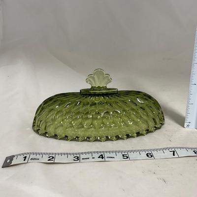-115- Green Glass | Long | Covered Butter Dish