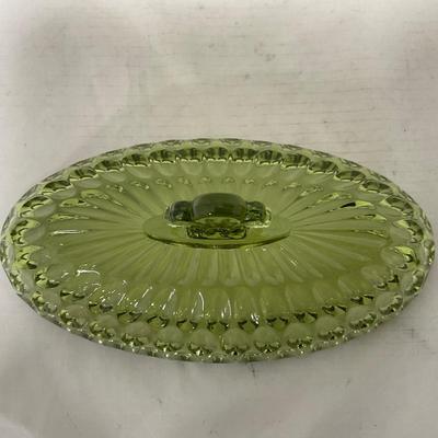 -115- Green Glass | Long | Covered Butter Dish