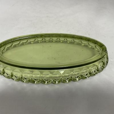 -115- Green Glass | Long | Covered Butter Dish