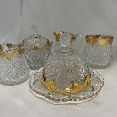 -116- Heavy Clear with Gold Accents | Covered Butter Dish | Lidded Jar | Jar | Creamer & Sugar