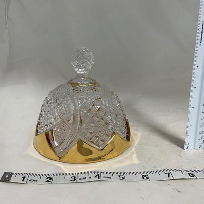 -116- Heavy Clear with Gold Accents | Covered Butter Dish | Lidded Jar | Jar | Creamer & Sugar