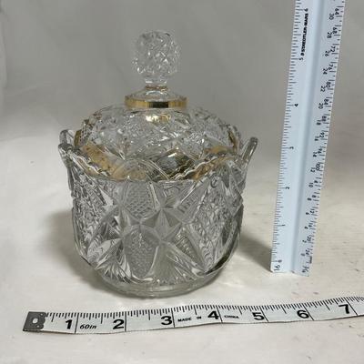 -116- Heavy Clear with Gold Accents | Covered Butter Dish | Lidded Jar | Jar | Creamer & Sugar
