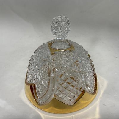 -116- Heavy Clear with Gold Accents | Covered Butter Dish | Lidded Jar | Jar | Creamer & Sugar