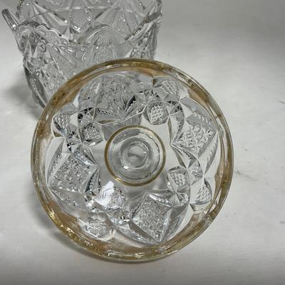 -116- Heavy Clear with Gold Accents | Covered Butter Dish | Lidded Jar | Jar | Creamer & Sugar