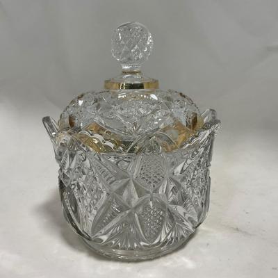 -116- Heavy Clear with Gold Accents | Covered Butter Dish | Lidded Jar | Jar | Creamer & Sugar