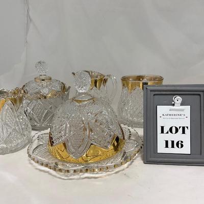 -116- Heavy Clear with Gold Accents | Covered Butter Dish | Lidded Jar | Jar | Creamer & Sugar